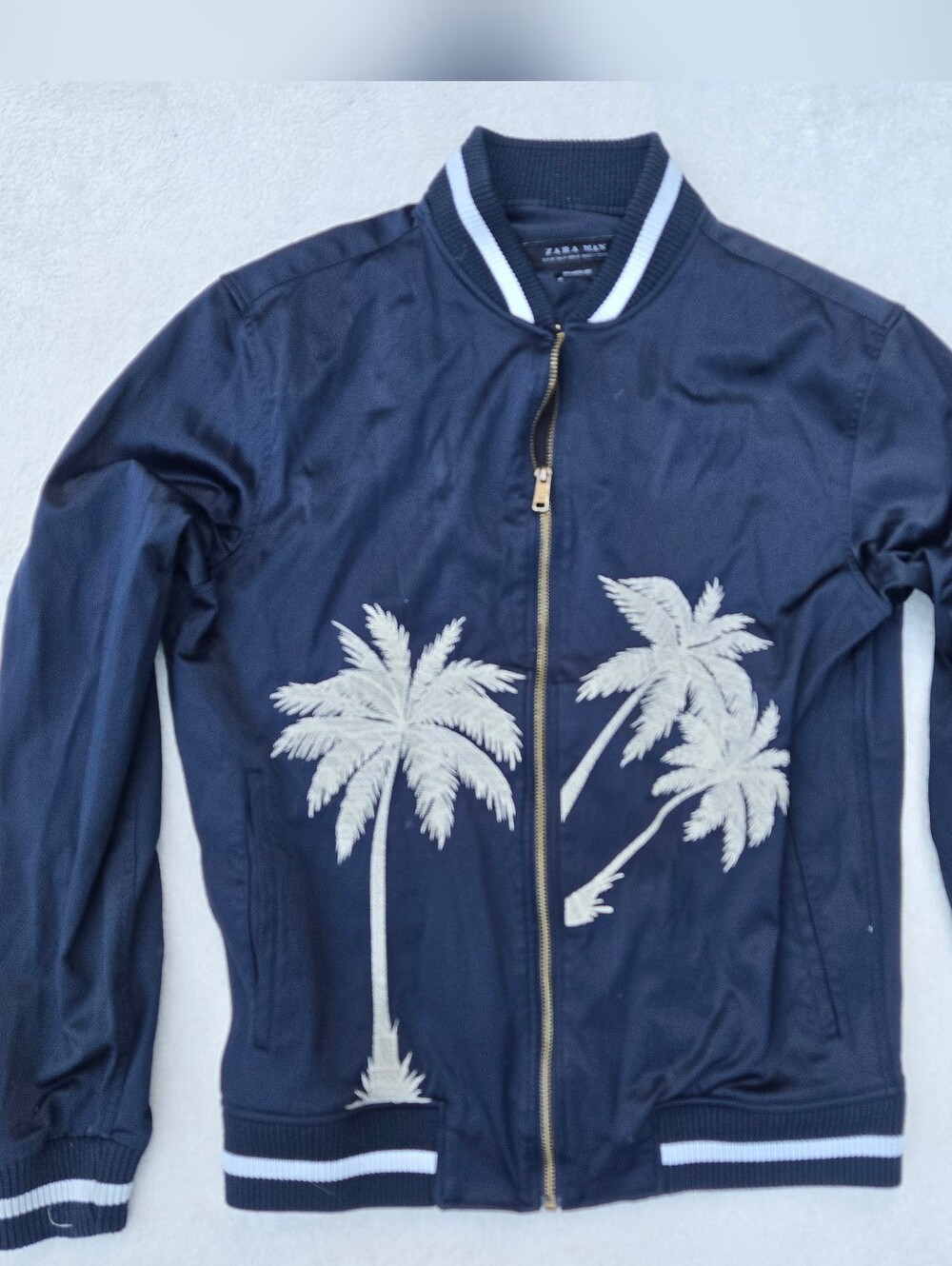 Zara Man Rare Navy Bomber 'Sukajan' Satin Jacket with Palm Tree Embroidery Sz M